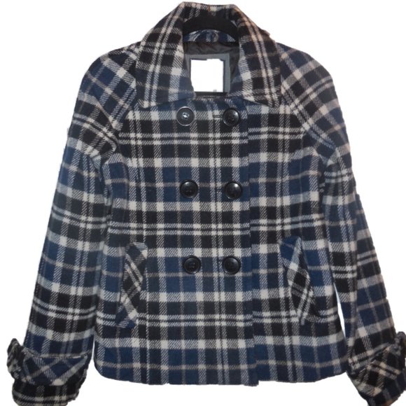 Pea Coat MEDIUM Wool Blend Navy Blue Plaid Winter Jacket - Picture 1 of 7